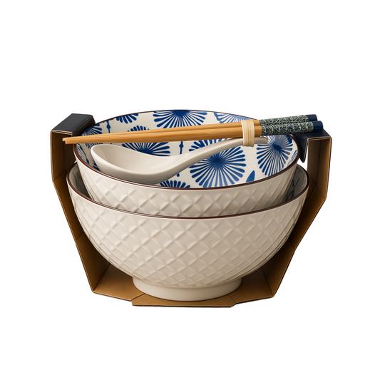 Platos de Ramen con Palillos – Flores Azules 2U