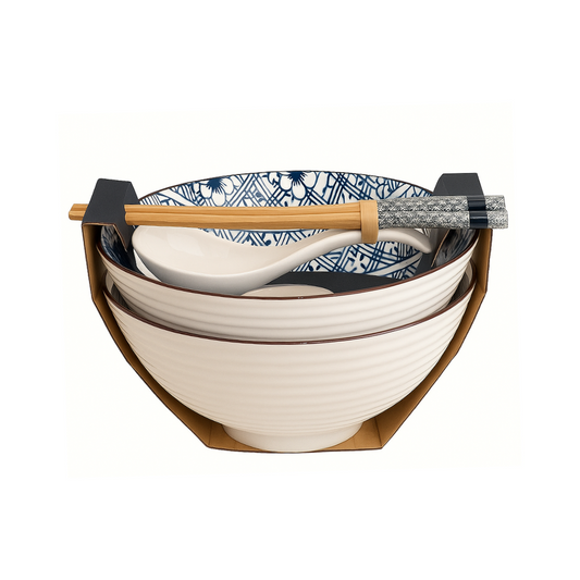 Platos de Ramen con Palillos – Azul Floreado 2U