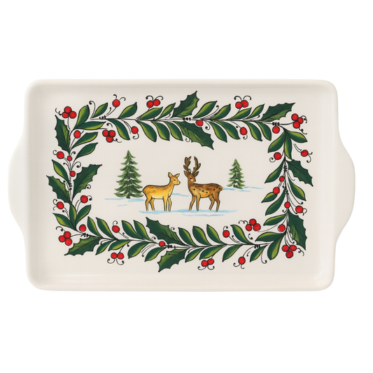 Bandeja Rectangular Blanca Navidad Renos Hojas – Italy