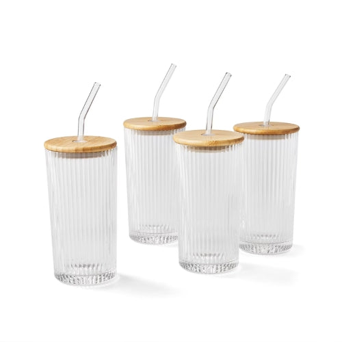 Vasos de Vidrio con Tapa y Sorbete - Set de 4