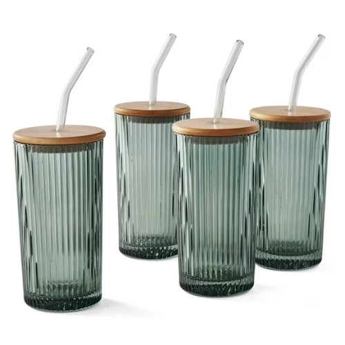 Vasos de Vidrio con Tapa y Sorbete - Set de 4