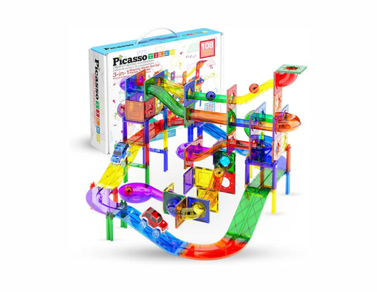 PicassoTiles – 108 Piezas 3 En 1 Marble Run Car Race Track Combo