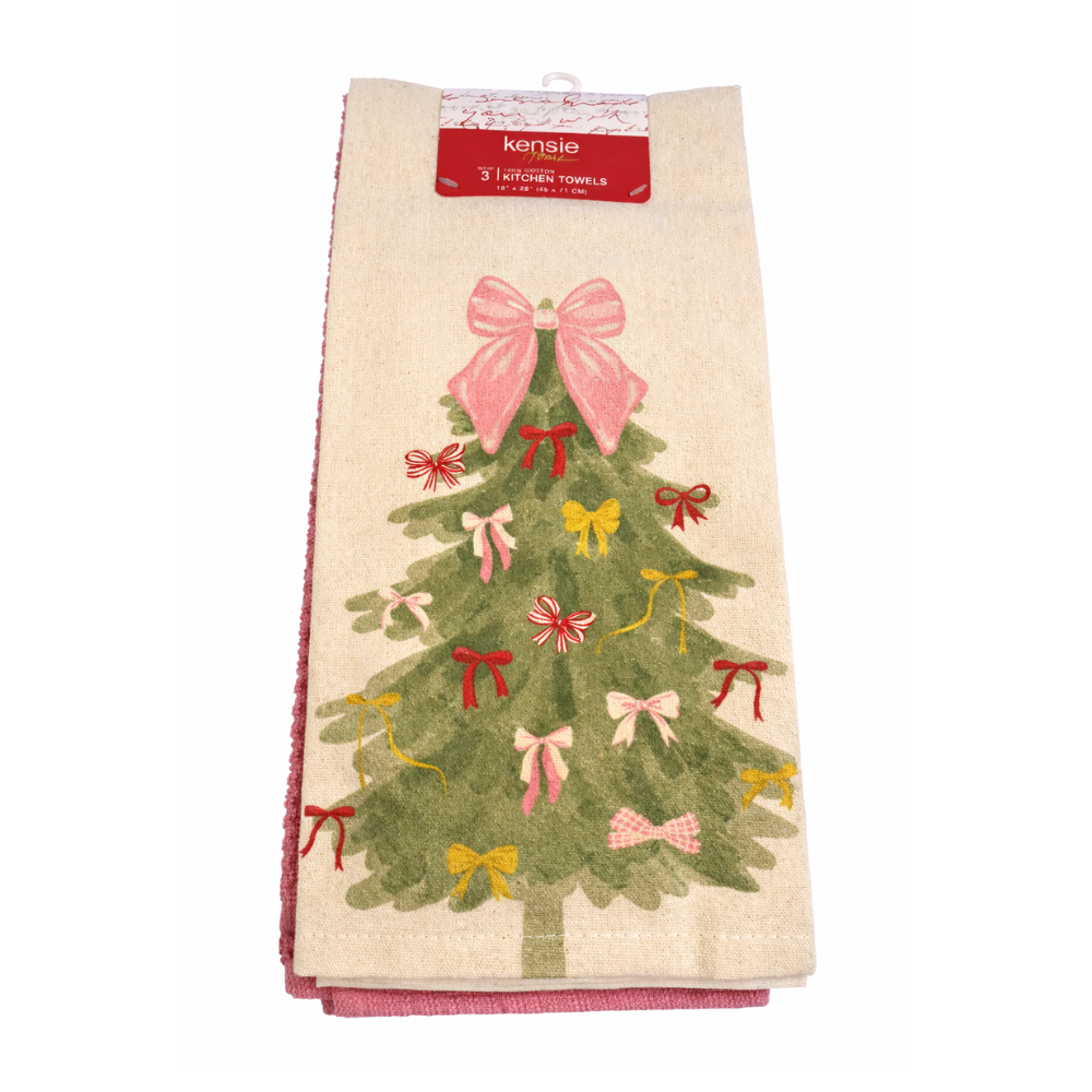 Toallas de Cocina Rosadas y Beige con Árbol de Navidad – Set de 3