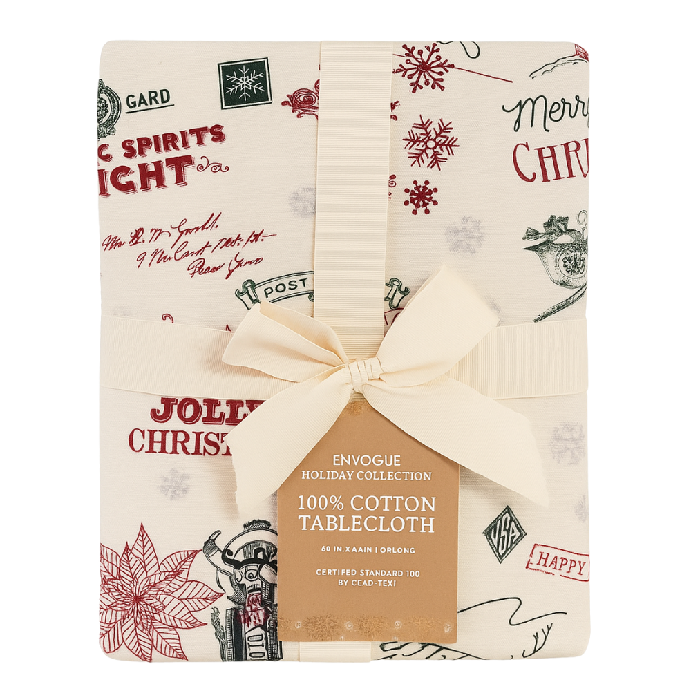 Mantel Beige con Letras Rojas – Rectangular