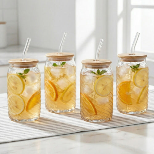 Vasos de Vidrio con Tapa de Bambú y Sorbete – Belmar