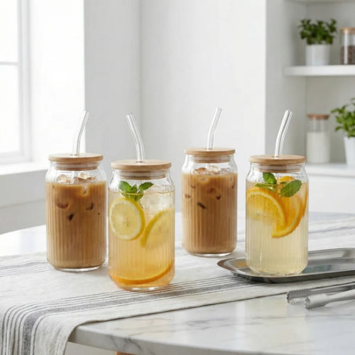 Vasos de Vidrio con Tapa de Bambú y Sorbete de Vidrio – Fifth Avenue