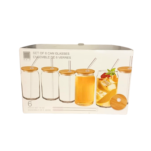 Set 6 Vasos y Sorbetes de Vidrio con Tapa de Bamboo