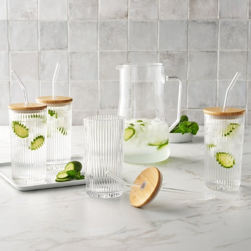 Vasos de Vidrio con Tapa y Sorbete - Set de 4