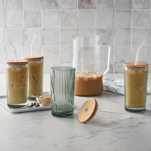 Vasos de Vidrio con Tapa y Sorbete - Set de 4